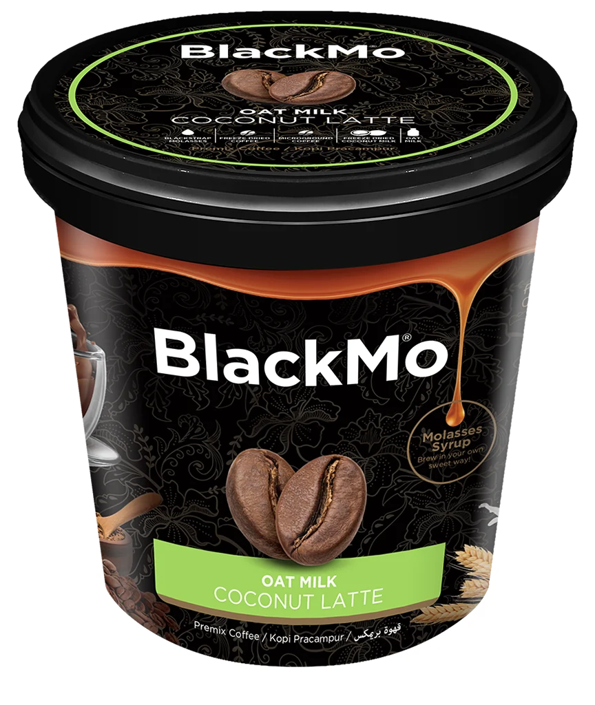 BlackMo’s Coconut Latte tub packaging in full display.