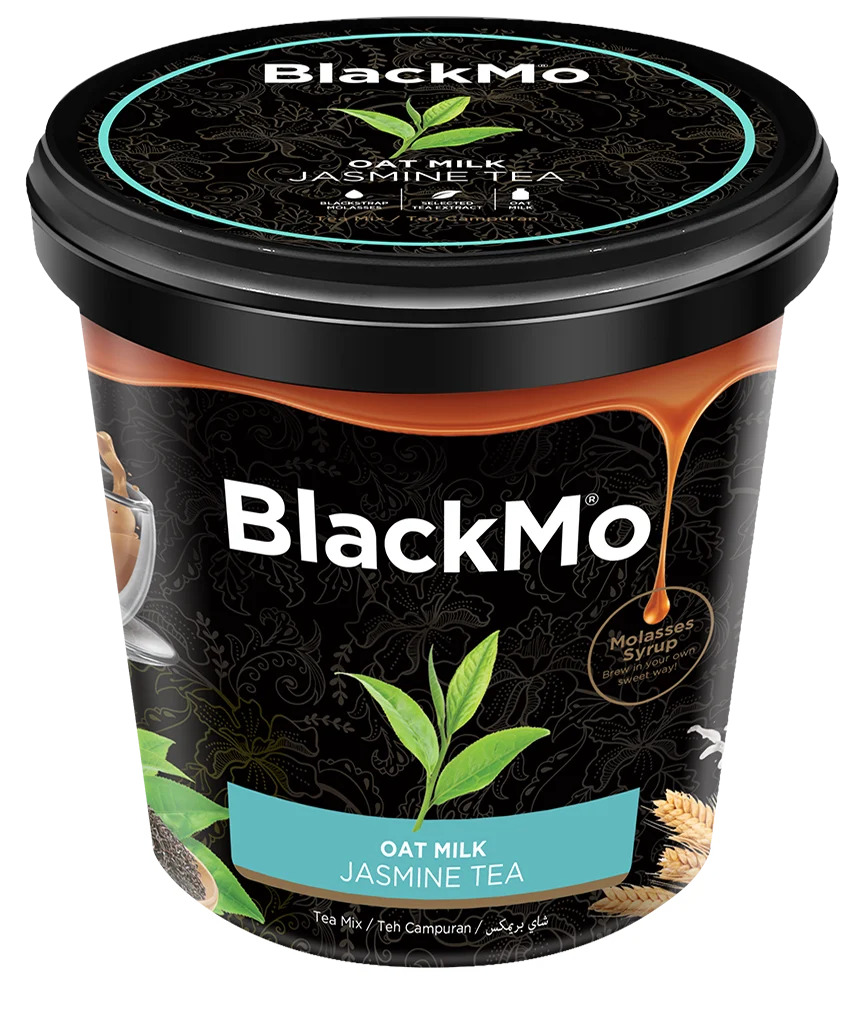 BlackMo’s Jasmine Milk Tea tub packaging in full display.