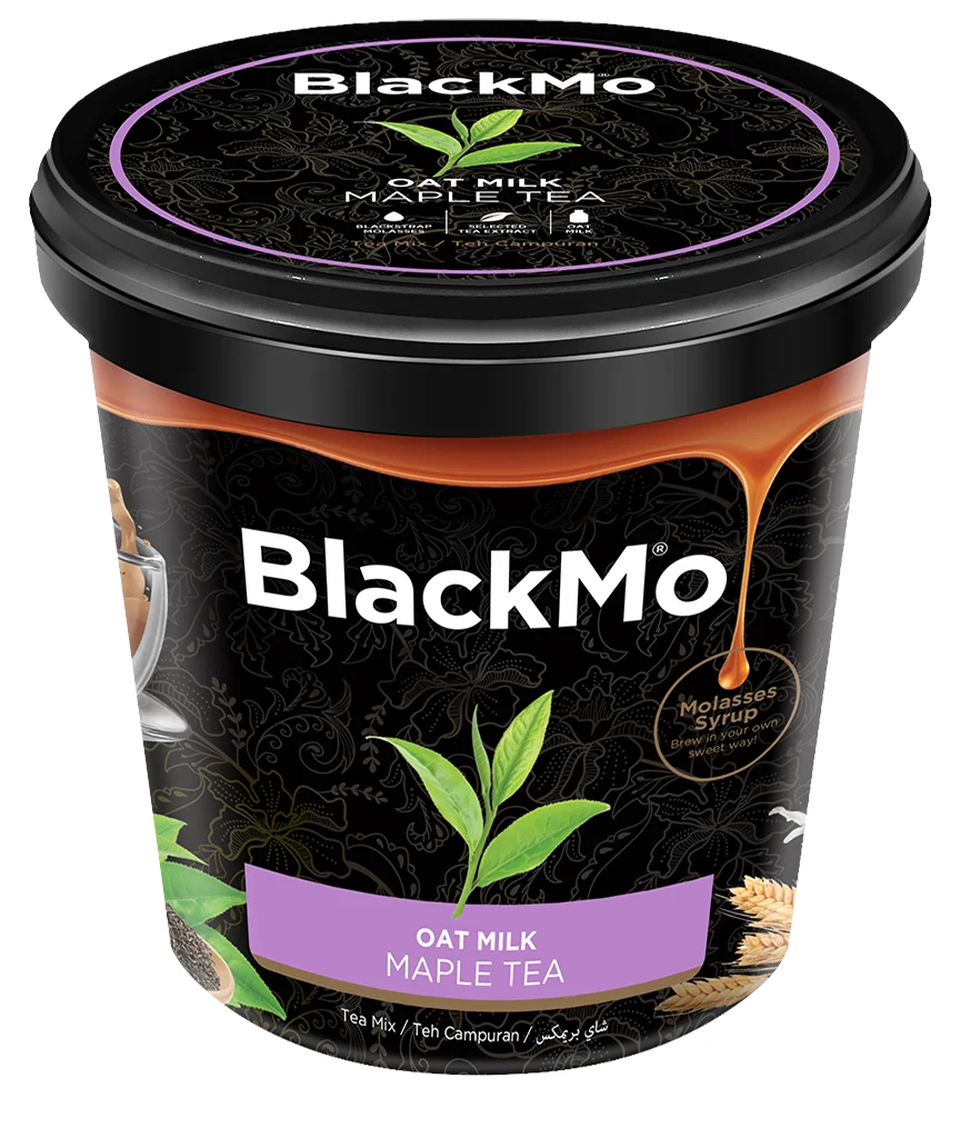BlackMo’s Maple Milk Tea tub packaging in full display.