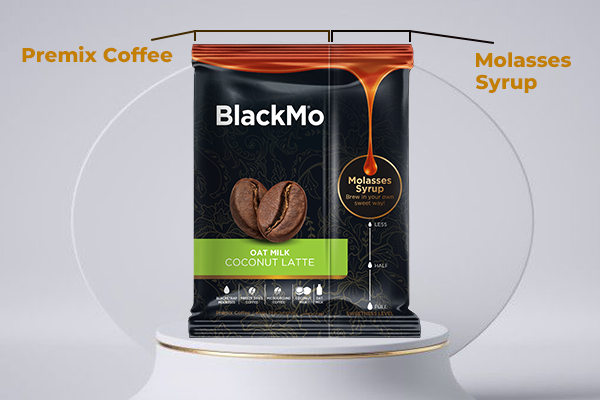 BlackMo’s Coconut Latte’s dual chamber packaging displaying separate chambers for the premix coffee and molasses syrup.