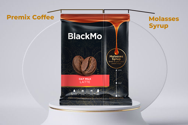 BlackMo’s Coconut Latte’s dual chamber packaging displaying separate chambers for the premix coffee and molasses syrup.