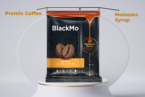 BlackMo’s White Coffee’s dual chamber packaging displaying separate chambers for the premix coffee and molasses syrup.