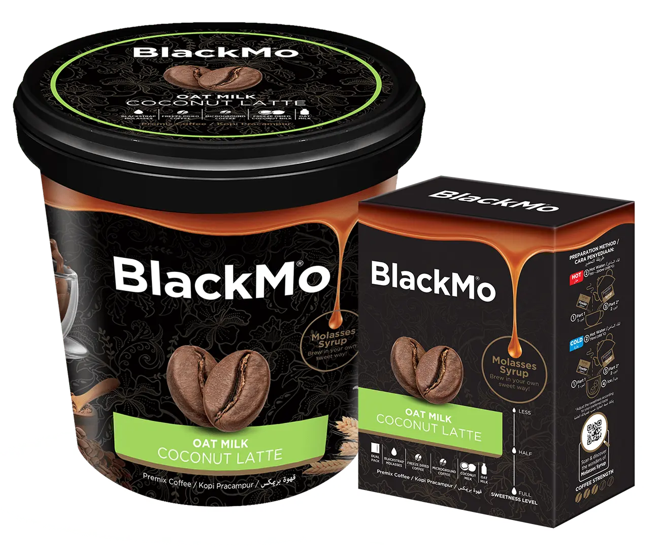 BlackMo’s Coconut Latte tub and box packaging in full display.