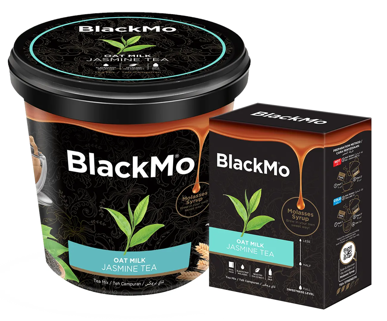 BlackMo’s Jasmine Milk Tea tub and box packaging in full display.