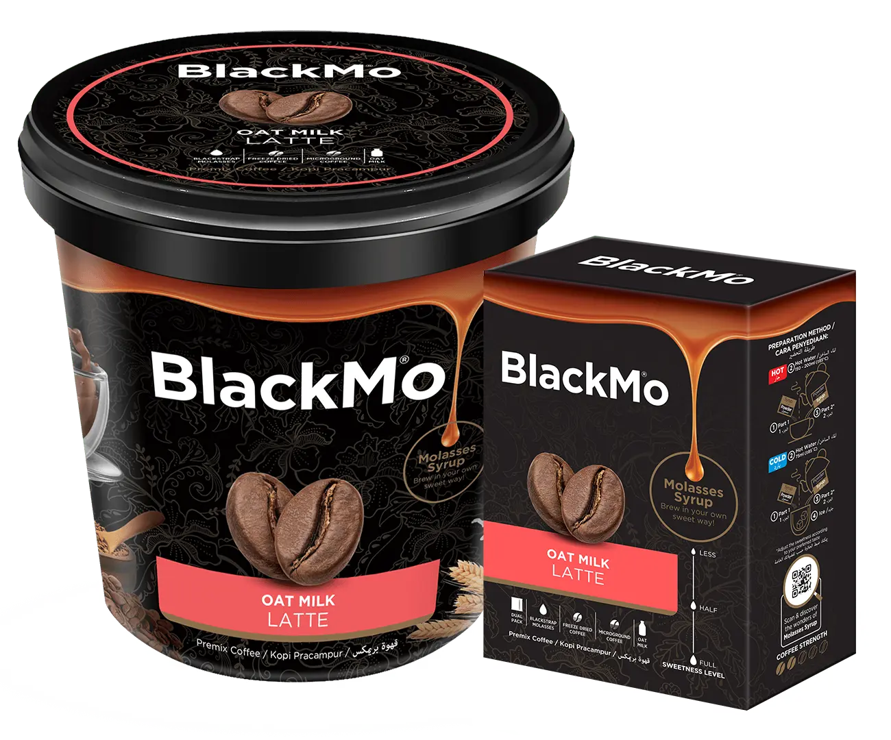 BlackMo’s Latte tub and box packaging in full display.
