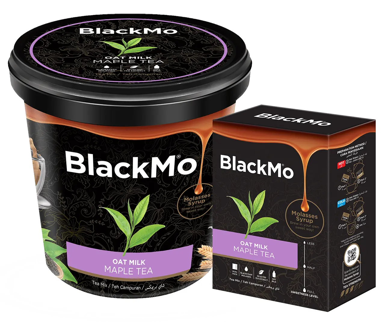 BlackMo’s Maple Milk Tea tub and box packaging in full display.
